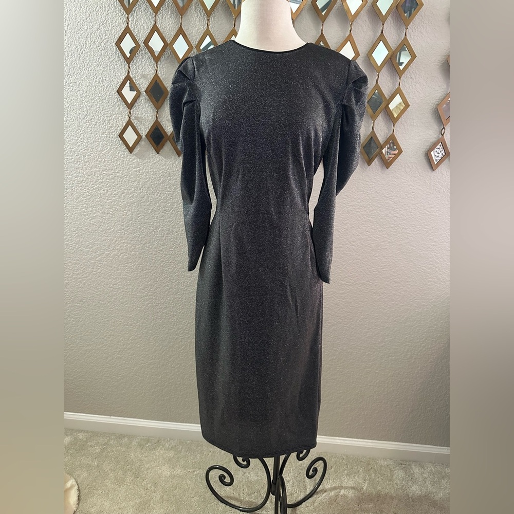 Halston Heritage Metallic Charcoal Long Sleeve Dress